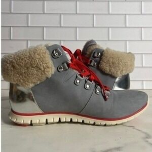 Cole Haan Boots Women's Size 8 B Zerogrand Gray Suede Fur Lined Lace Up Winter